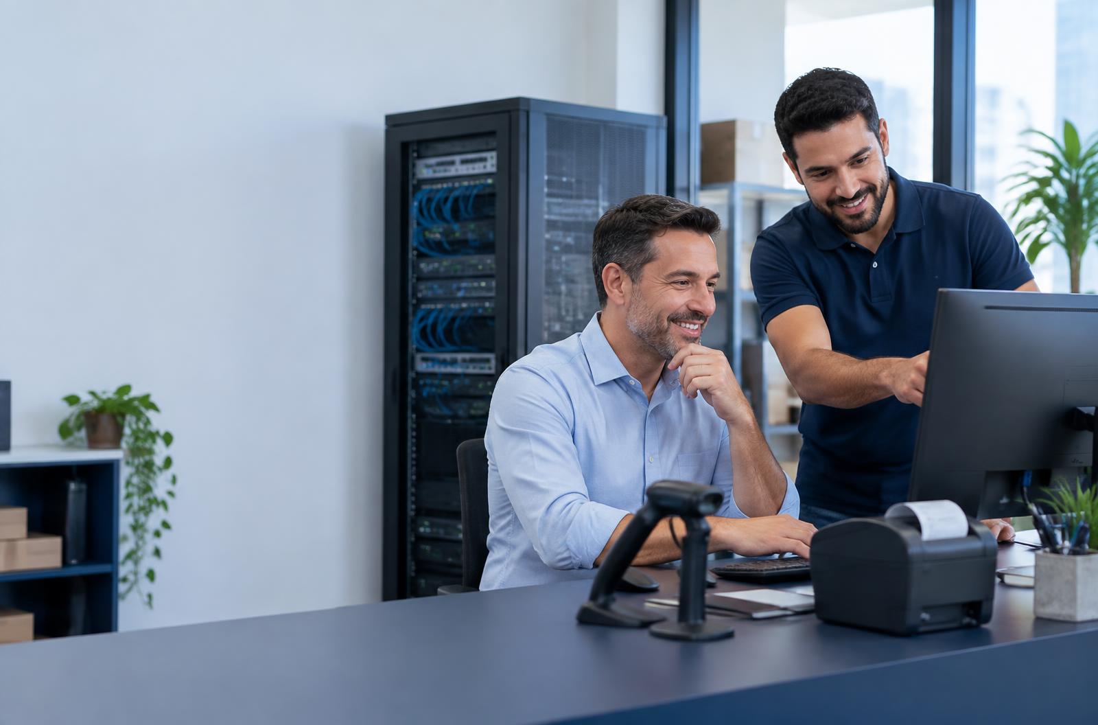 Especialista da JCP atendendo um cliente em ambiente corporativo de tecnologia